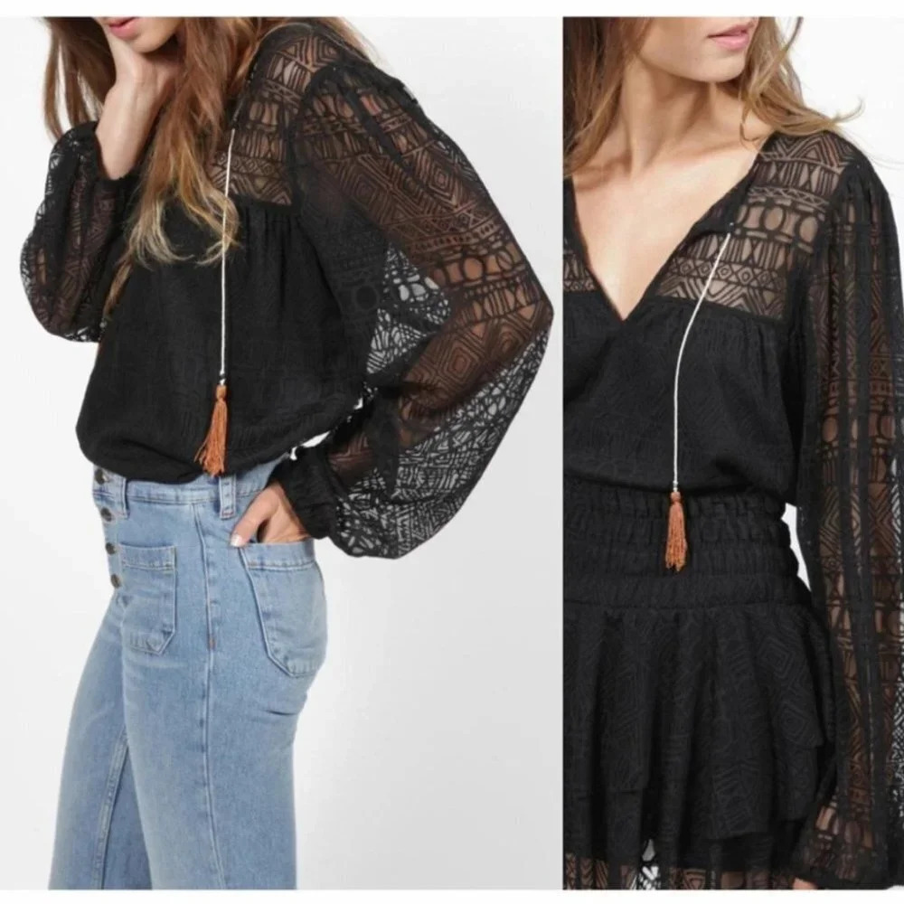 Misa Los Angeles Black Lace Boho Blouse with Tassel Tie